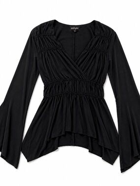 Black Smocked Waist V-Neck Long Sleeve Top
